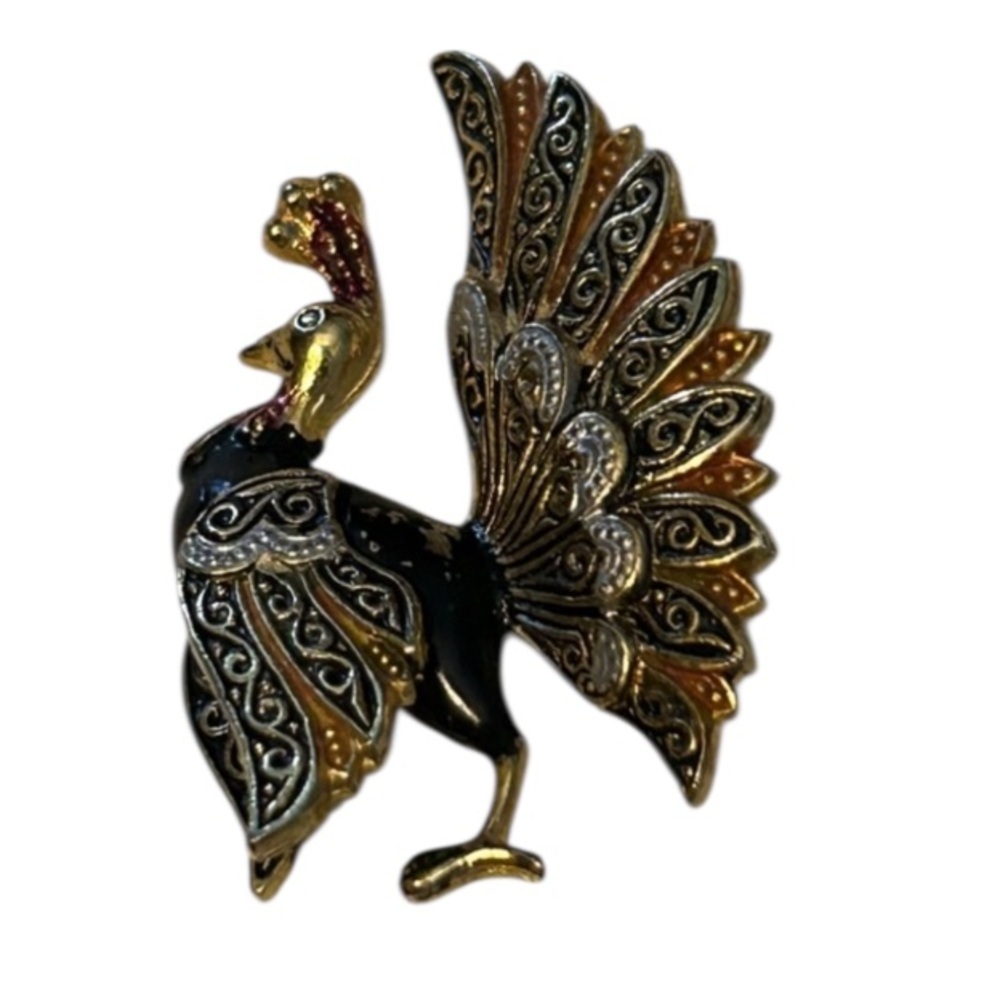 Vintage Damascene Enamel Peacock Brooch